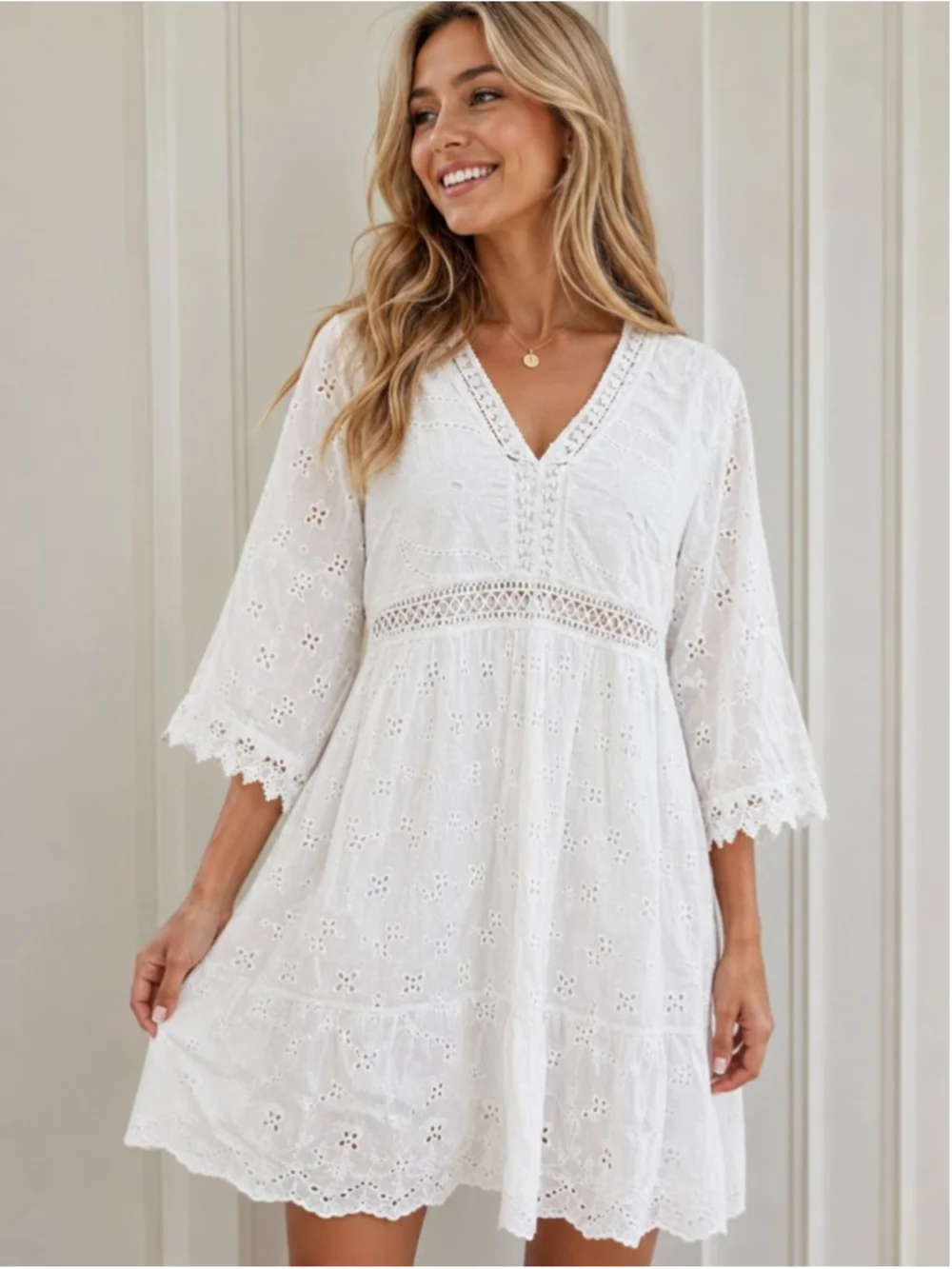 Women's Boho Dress White Eyelet Mini Dress XL